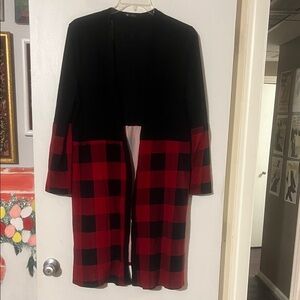 Vision black with black and red plaid knee length open cardigan side pockets